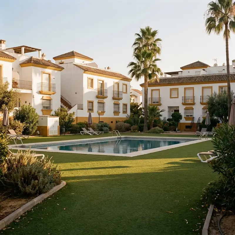 Zona verde de una urbanización con piscina comunitaria y césped artificial
