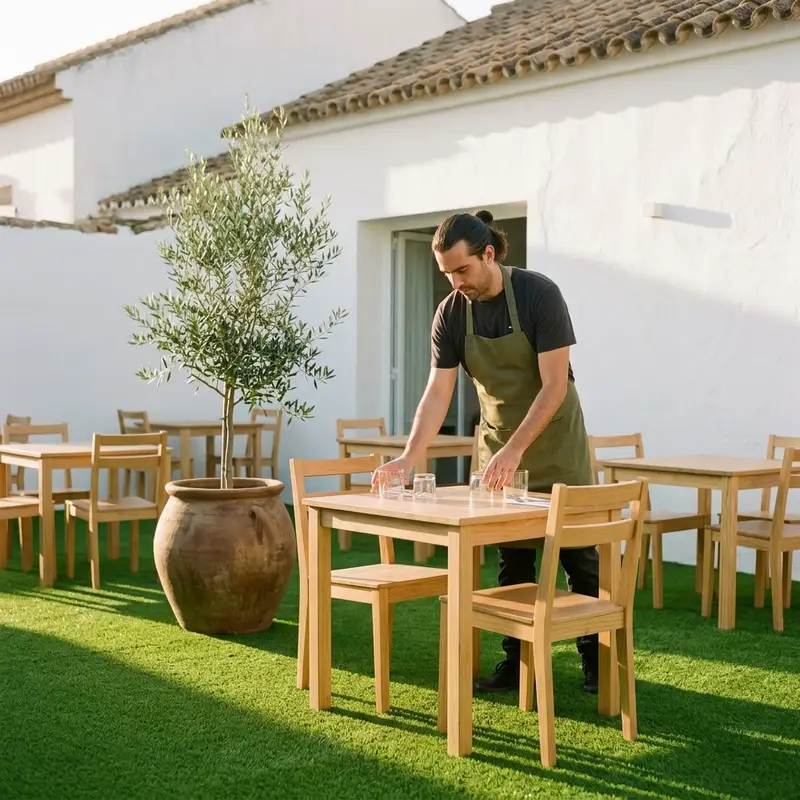 Terraza de un bar con suelo de césped artificial y mesas de madera