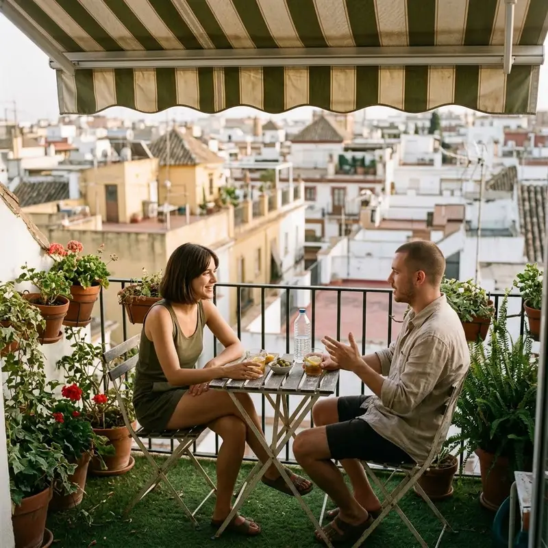 Pareja joven tomando algo en la terraza de su piso con césped artificial