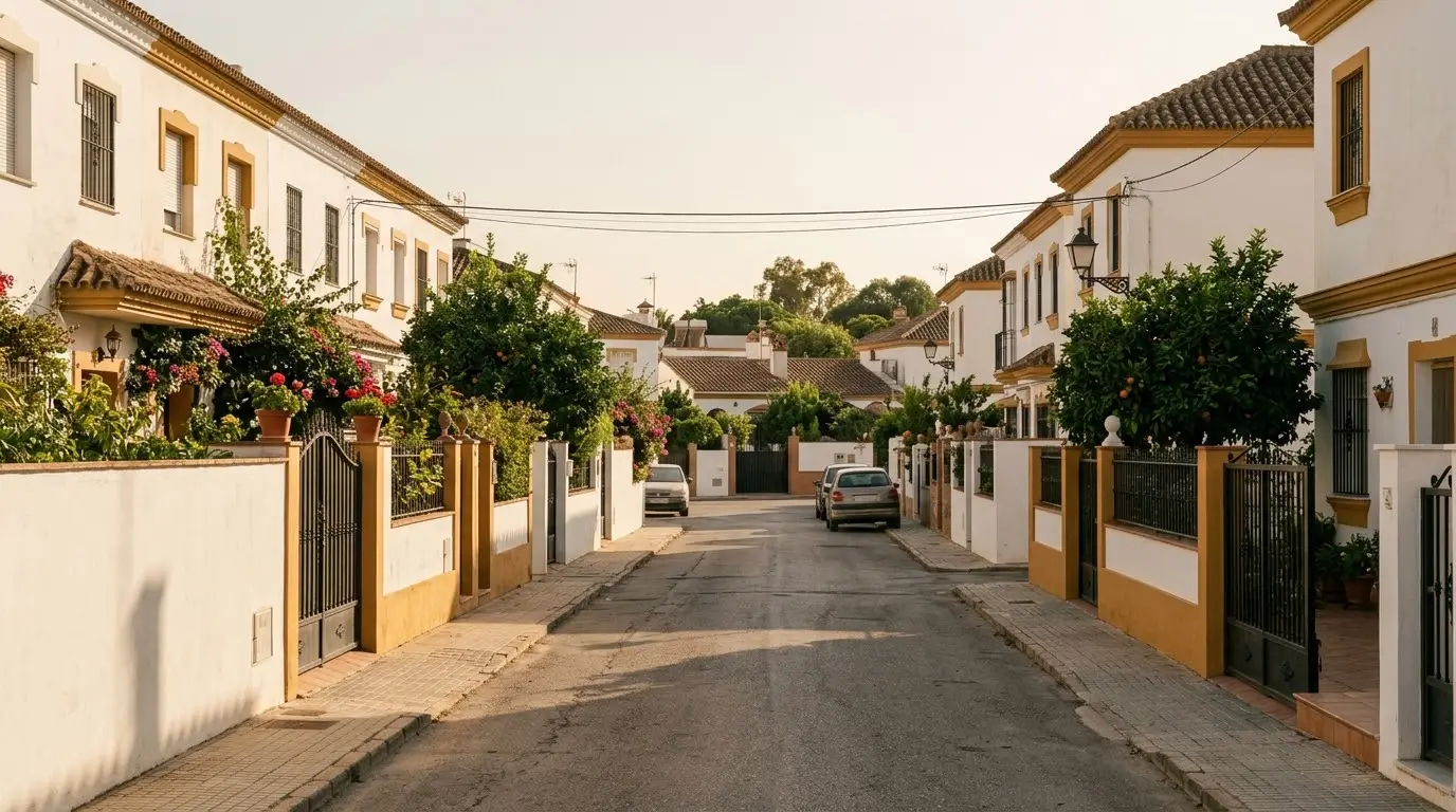 Calle de chalets y adosados con jardín en una urbanización de las afueras de Dos Hermanas