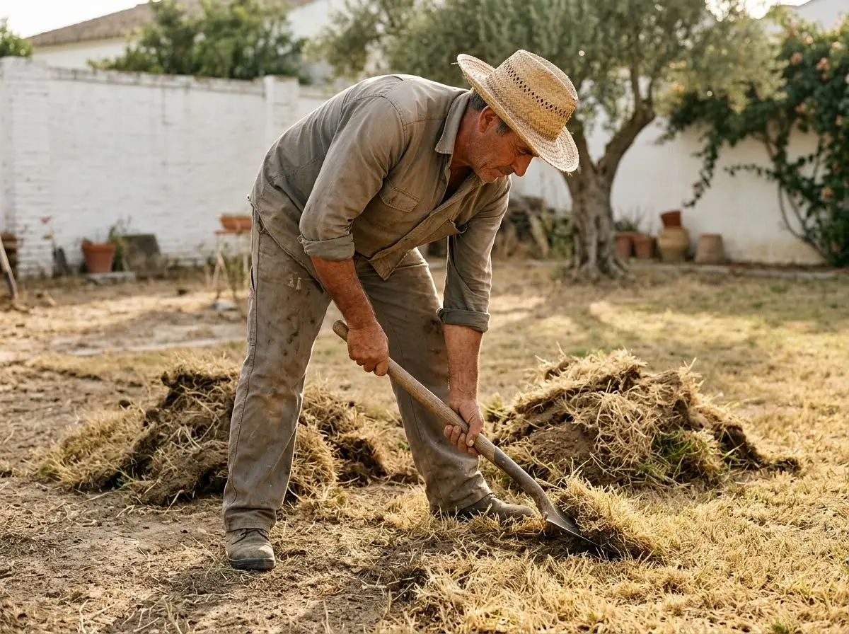 Jardinero retirando con una pala tepes de césped natural seco en un jardín