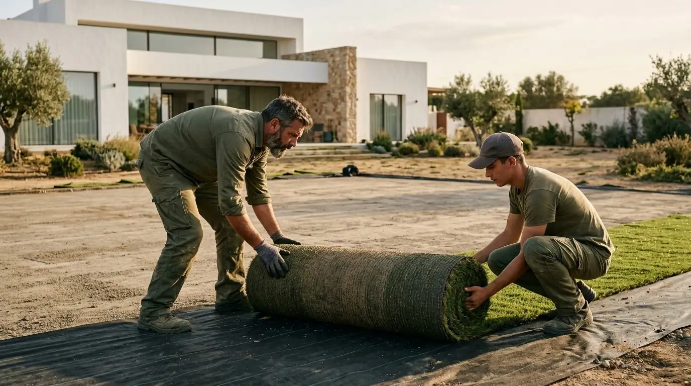 Dos instaladores desenrollando césped artificial sobre un terreno nivelado en el jardín de un chalet