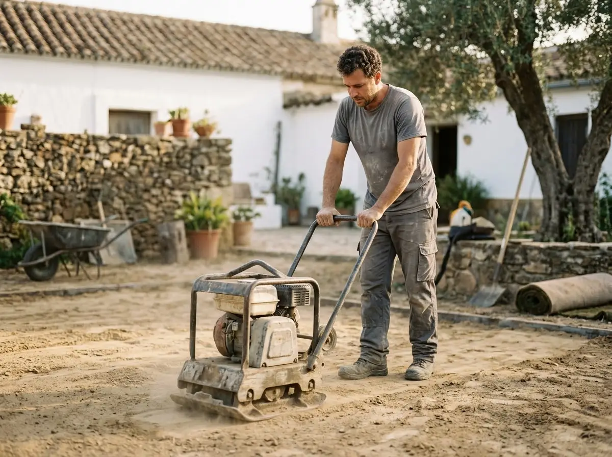 Instalador compactando la tierra con una placa vibradora antes de poner el césped