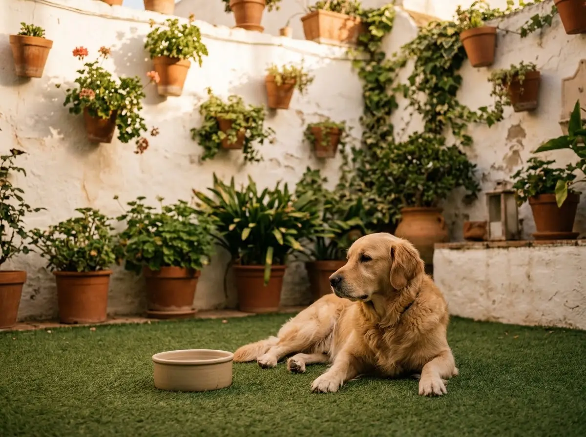 Perro tumbado a la sombra sobre el césped artificial del jardín de una casa