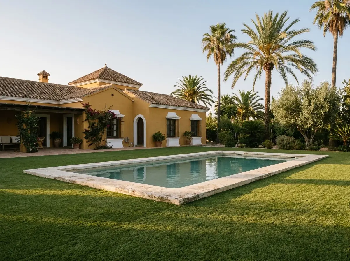Borde de una piscina rodeado de césped artificial en un jardín sevillano