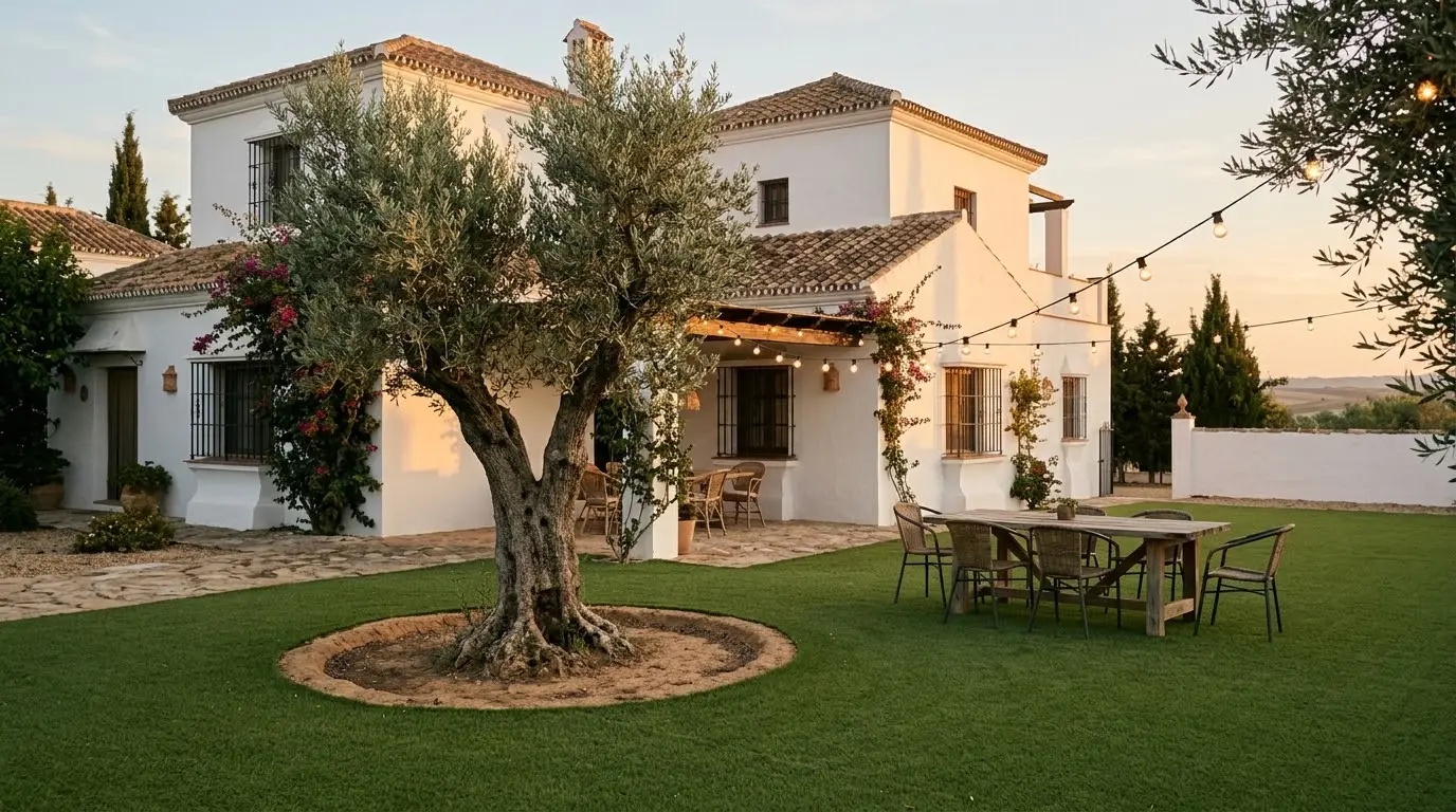 Jardín de un chalet con césped artificial, un olivo y una mesa de exterior al atardecer
