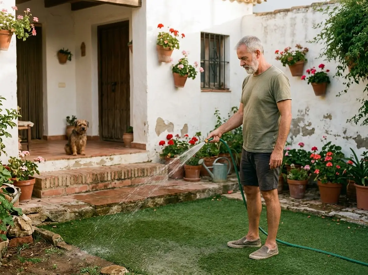 Hombre aclarando con manguera el césped artificial de su jardín mientras su perro mira