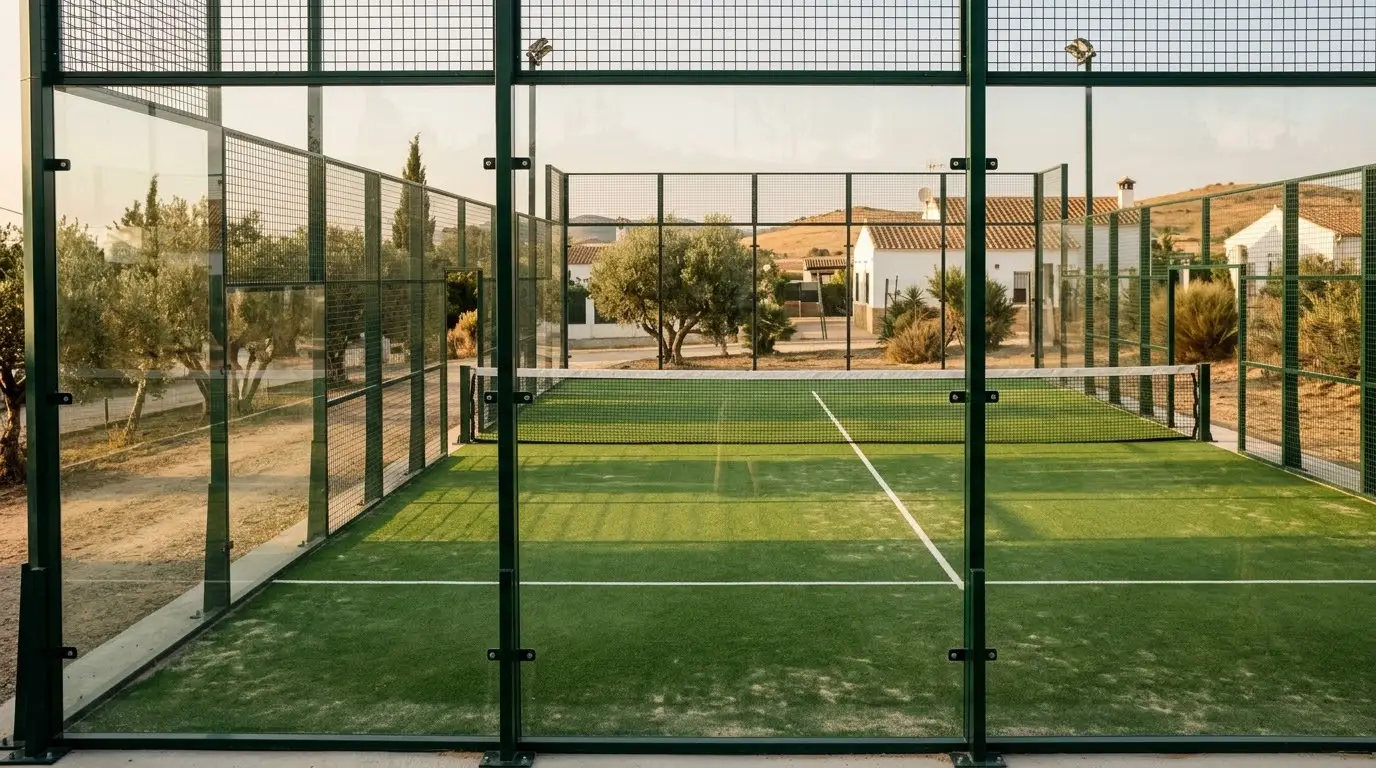 Pista de pádel al aire libre con césped nuevo y paredes de cristal al atardecer