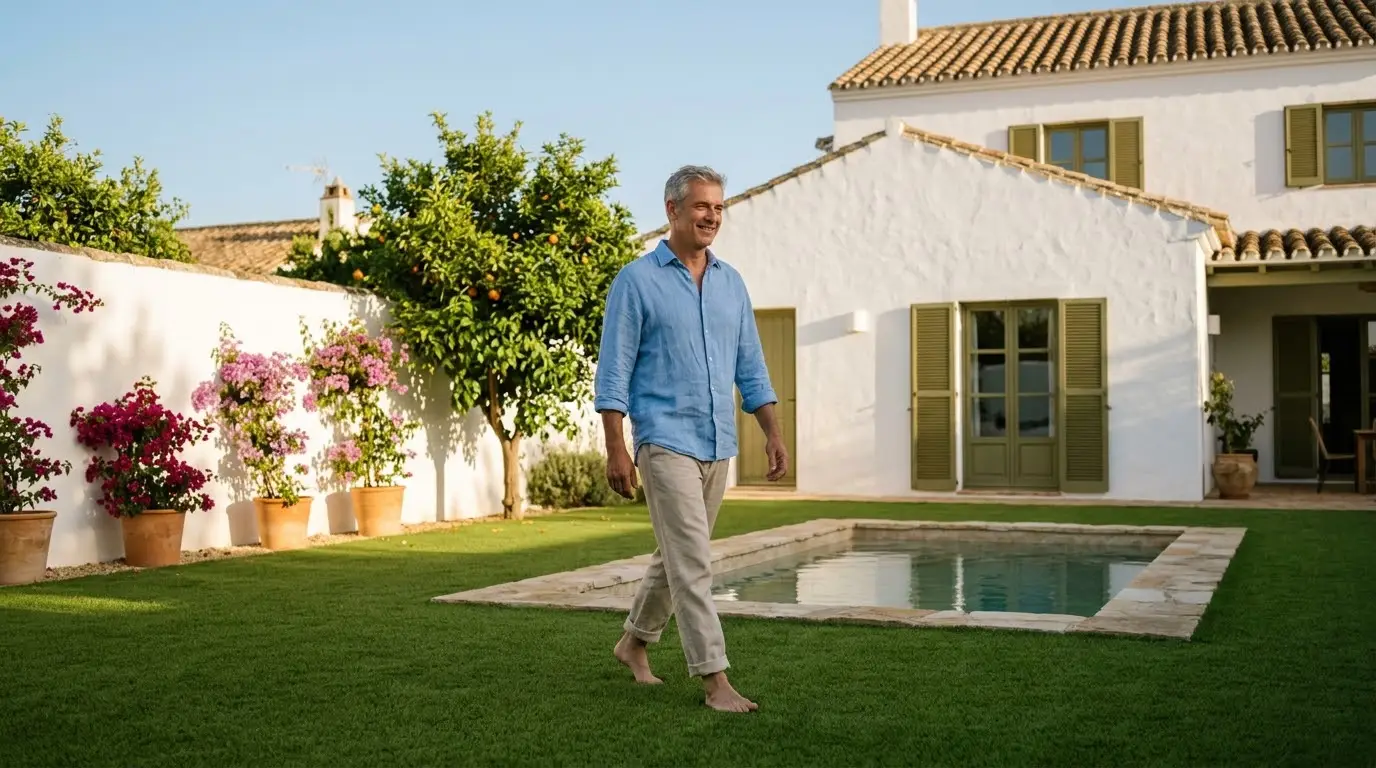 Jardín de un chalet sevillano con césped artificial recién colocado junto a la piscina
