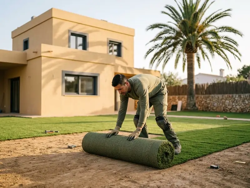 Instalador extendiendo un rollo de césped artificial sobre un terreno nivelado