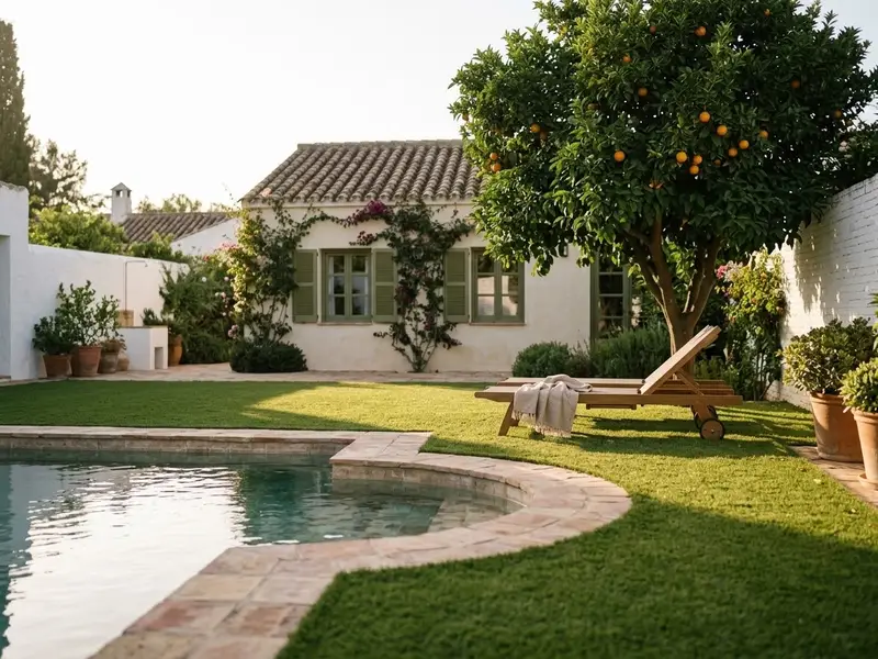 Borde de una piscina con césped artificial en un jardín con naranjo