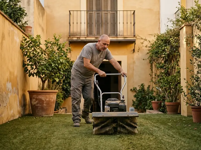 Operario cepillando con una máquina un césped artificial en un jardín