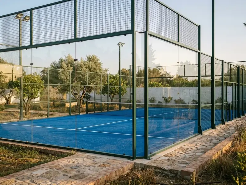 Pista de pádel exterior con césped azul nuevo y paredes de cristal