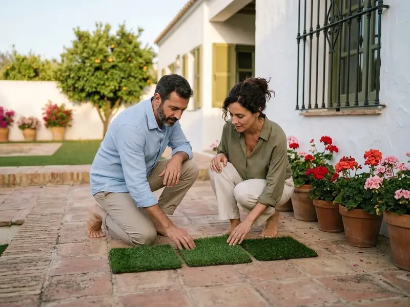 Pareja mirando muestras de césped artificial en el patio de su casa