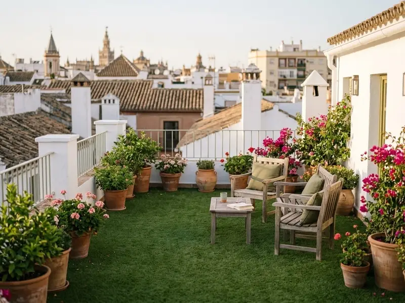 Terraza de un piso con césped artificial, macetas y dos sillas