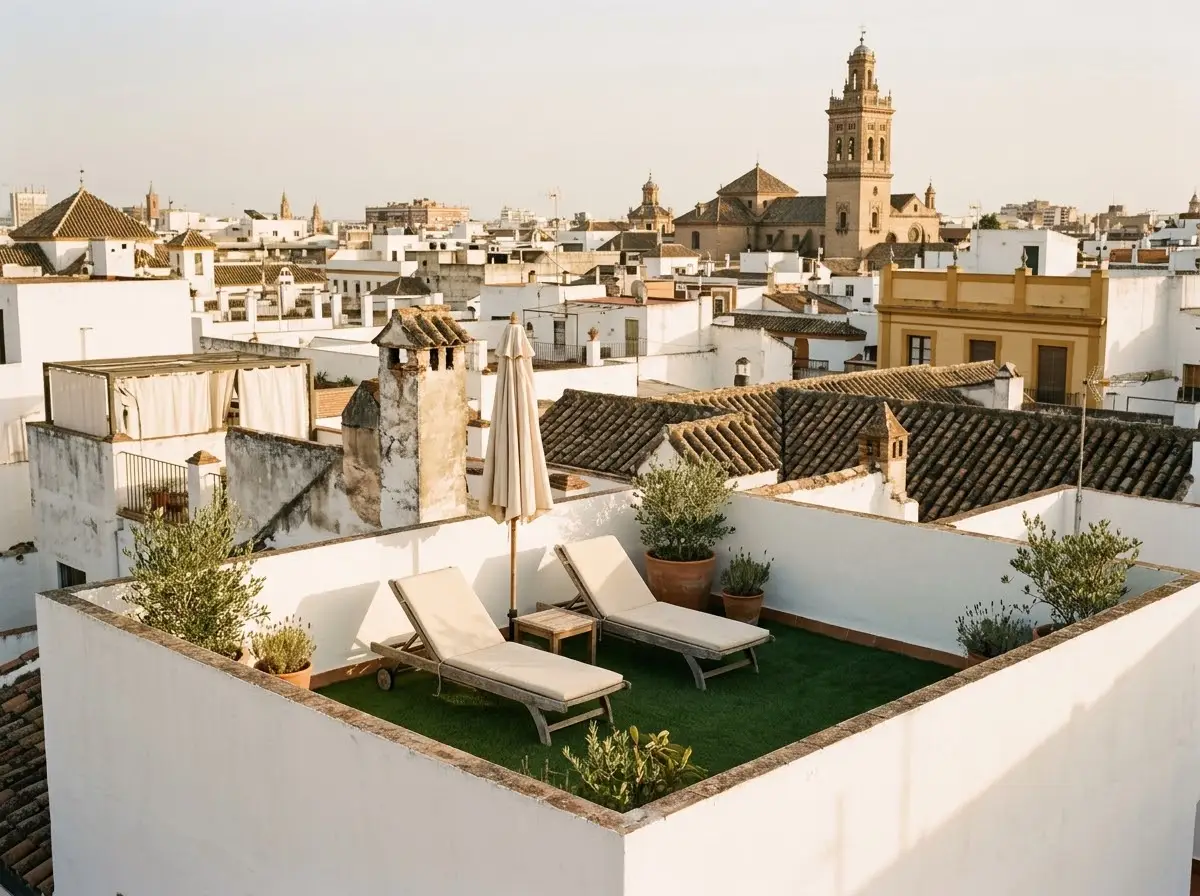 Azotea de un edificio sevillano con una zona de césped artificial y tumbonas
