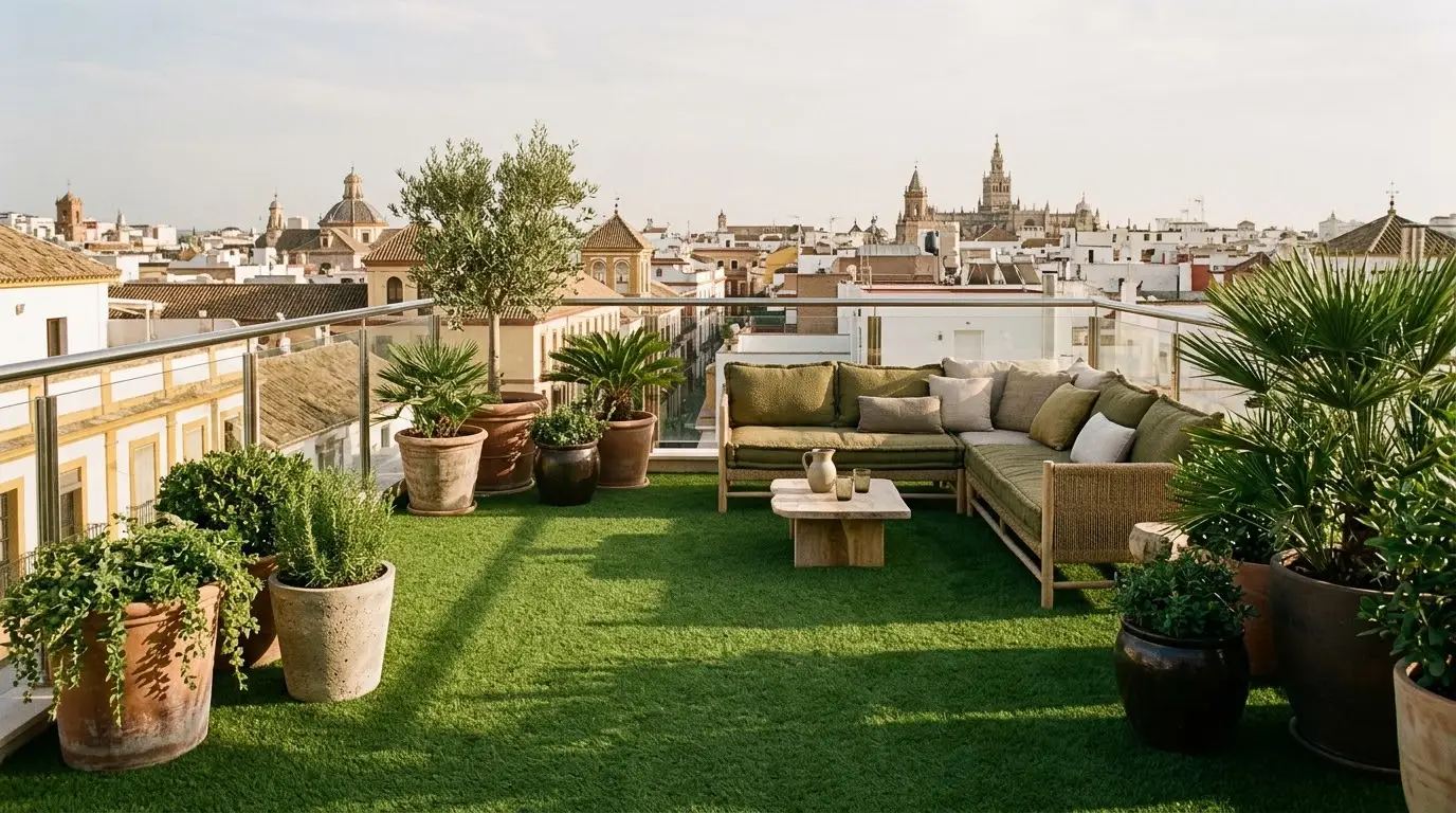 Terraza de un ático en Sevilla con césped artificial, plantas y un sofá de exterior